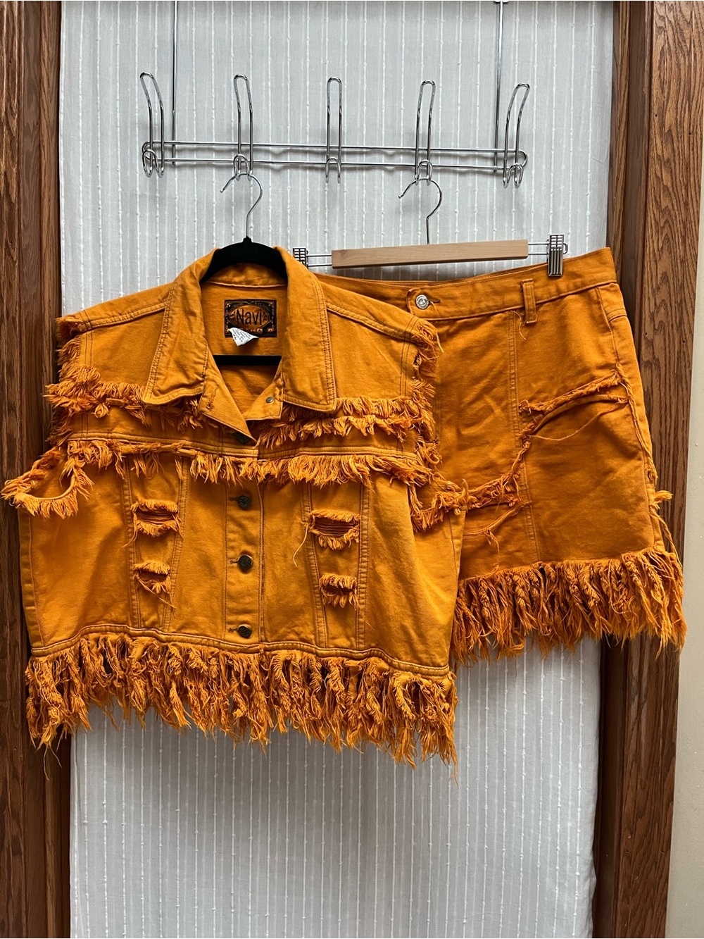 Navi Authentic Mustard Orange Distressed Fringe Denim Vest Shorts Set XL USA